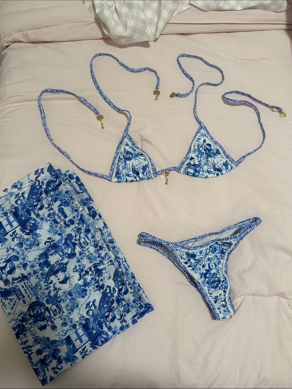 Blue Toile Print Triangle Bikini Set - Women Swim